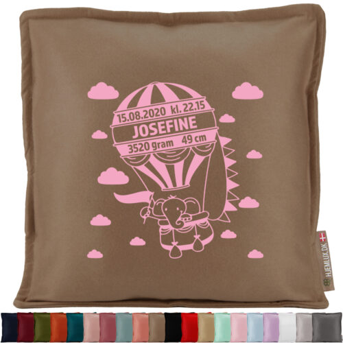 Elefant i luftballon med fødselsdata | Pyntepude i filt