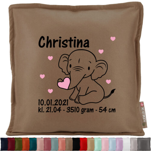 Baby elefant med hjerter & fødselsdata | Pyntepude i filt