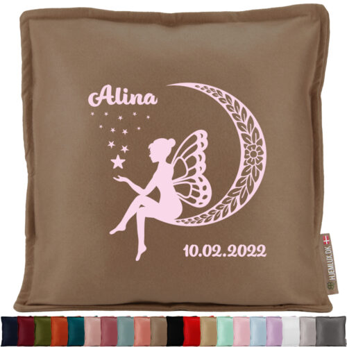 Den lille blomster-fe med navn & dato #2 | Pyntepude i filt