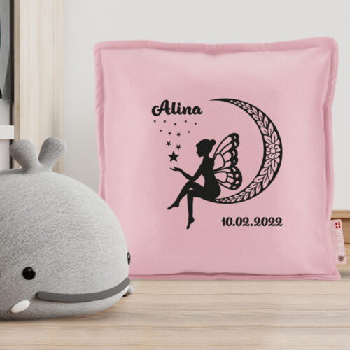 Alternative view of Den lille blomster-fe med navn & dato #2 | Pyntepude i filt