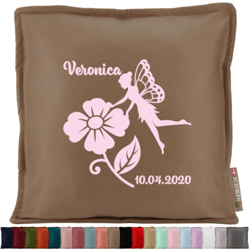 Den lille blomster-fe med navn & dato #3 | Pyntepude i filt