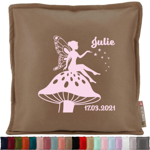 Den lille blomster-fe med navn & dato #4 | Pyntepude i filt