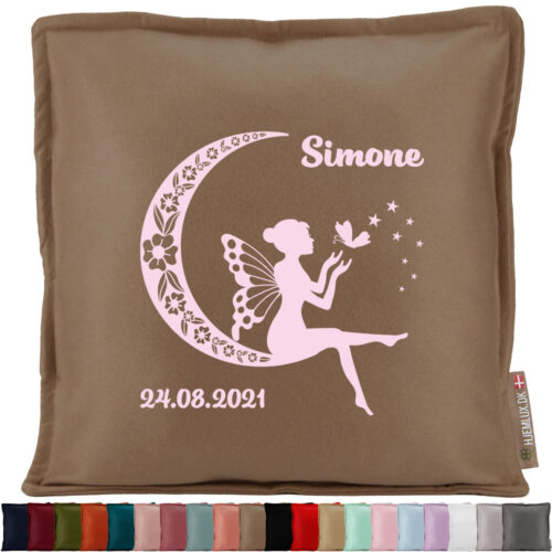 Den lille blomster-fe med navn & dato #5 | Pyntepude i filt