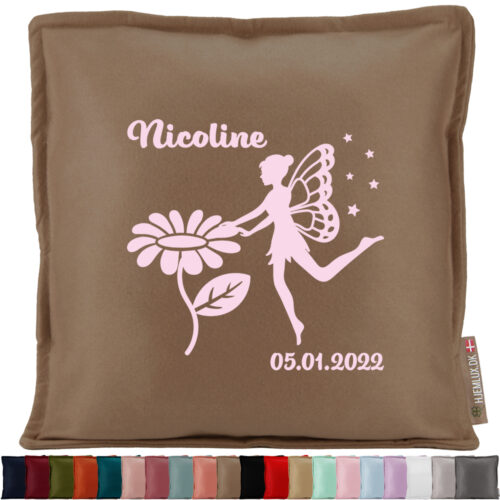 Den lille blomster-fe med navn & dato #6 | Pyntepude i filt