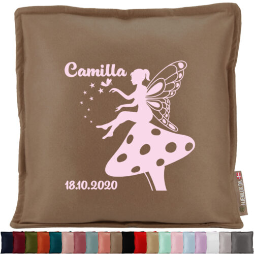 Den lille blomster-fe med navn & dato #7 | Pyntepude i filt