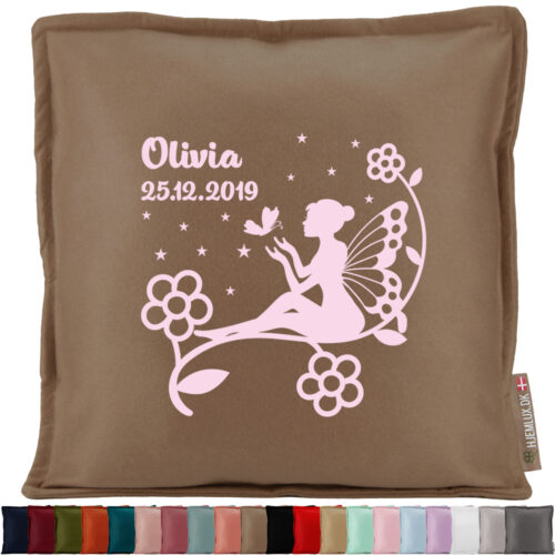 Den lille blomster-fe med navn & dato #8 | Pyntepude i filt