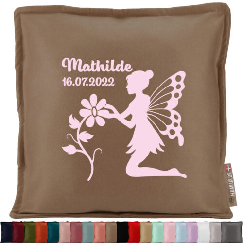 Den lille blomster-fe med navn & dato #9 | Pyntepude i filt