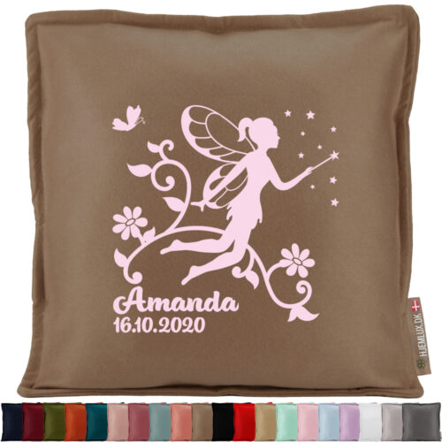 Den lille blomster-fe med navn & dato #12 | Pyntepude i filt