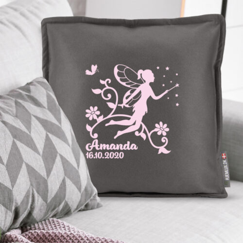 Alternative view of Den lille blomster-fe med navn & dato #12 | Pyntepude i filt