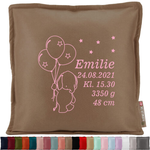 Elefant med balloner, stjerner & fødselsdata | Pyntepude i filt