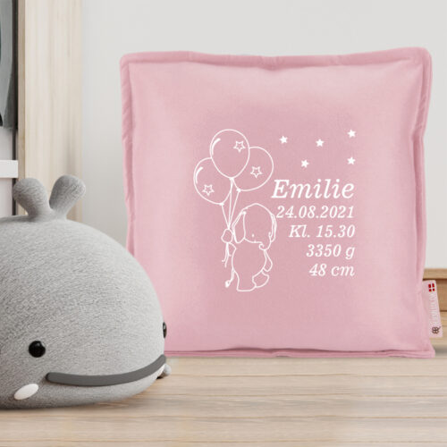 Alternative view of Elefant med balloner, stjerner & fødselsdata | Pyntepude i filt