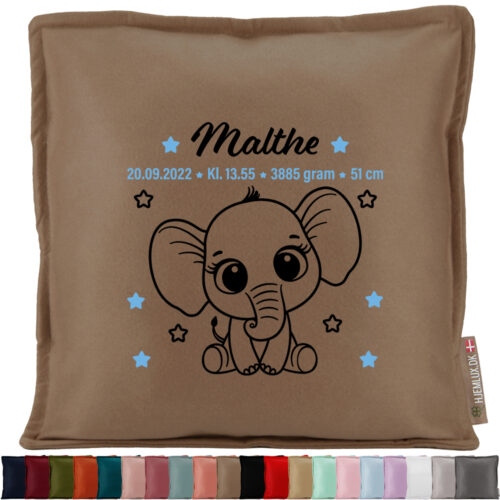 Sød baby elefant med fødselsdata | Pyntepude i filt