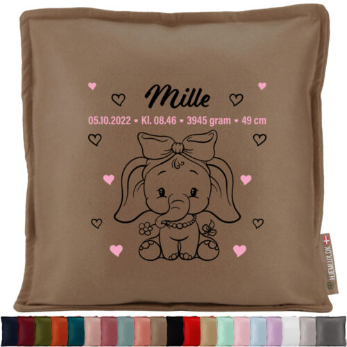 Den lille elefant med fødselsdata #1 | Pyntepude i filt