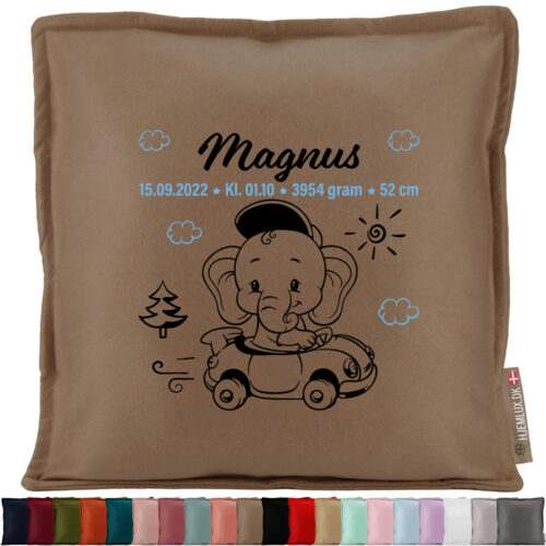 Den lille elefant med fødselsdata #2 | Pyntepude i filt