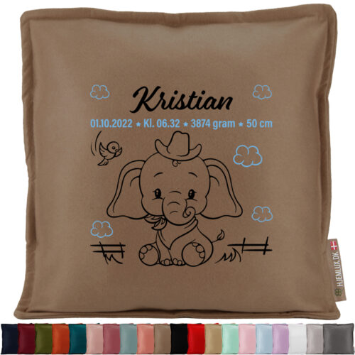 Den lille elefant med fødselsdata #3 | Pyntepude i filt