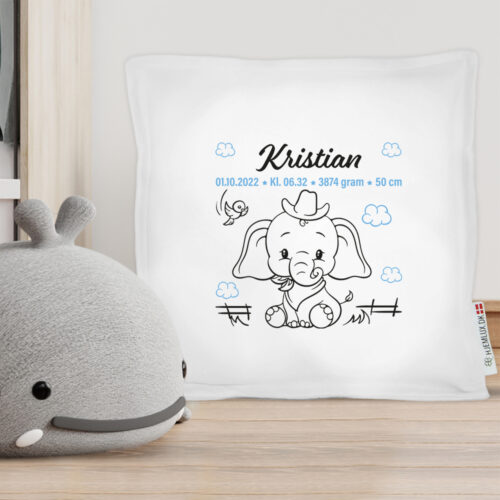 Alternative view of Den lille elefant med fødselsdata #3 | Pyntepude i filt