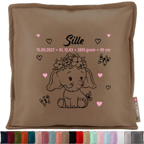 Den lille elefant med fødselsdata #5 | Pyntepude i filt