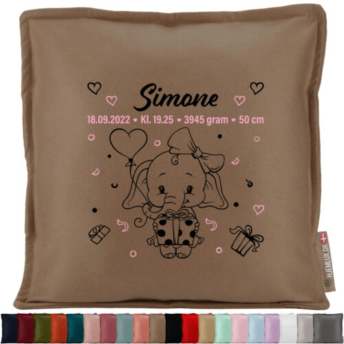 Den lille elefant med fødselsdata #6 | Pyntepude i filt