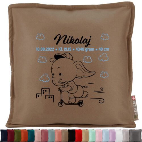 Den lille elefant med fødselsdata #8 | Pyntepude i filt