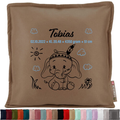 Den lille elefant med fødselsdata #10 | Pyntepude i filt