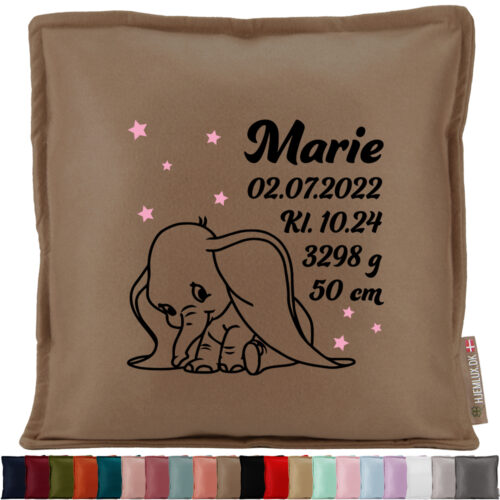 Baby elefant med stjerner & fødselsdata | Pyntepude i filt