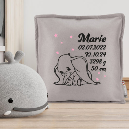 Alternative view of Baby elefant med stjerner & fødselsdata | Pyntepude i filt
