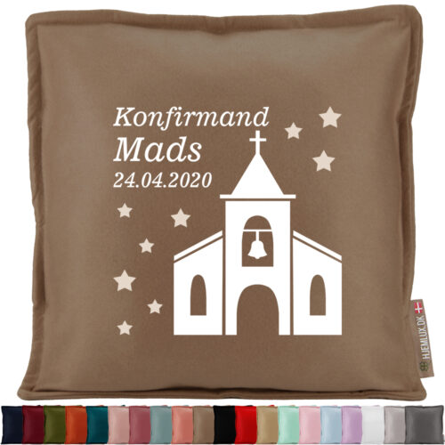 Konfirmation med kirke & stjerner | Pyntepude i filt