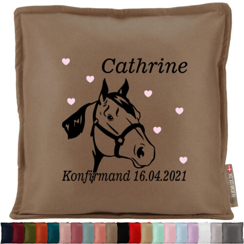 Konfirmation med hest & hjerter | Pyntepude i filt