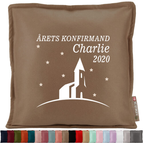 Konfirmation årets konfirmand med kirke & stjerner | Pyntepude i filt