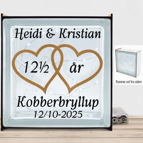 Kobberbryllup 12½ år med dobbelt-hjerter | Lyssten med ramme (farvet overflade)