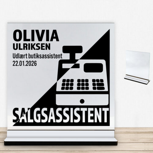 Udlært salgsassistent design 1 | Glasskilt inkl. fod med farvet overflade