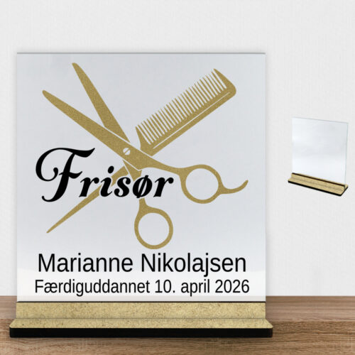 Frisør #2 | Glasskilt inkl. fod (træfiber)
