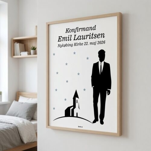 Alternative view of Konfirmand dreng med kirke & stjerner | Plakat