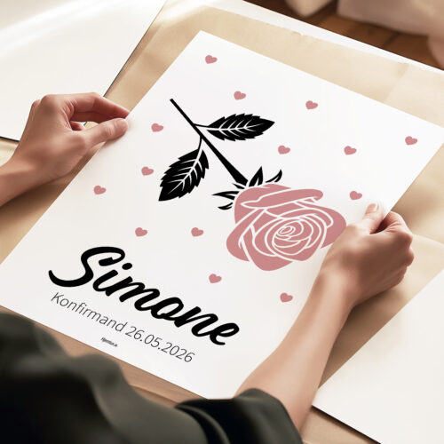 Rose med hjerter, navn og valgfri linje - design 2 | Plakat - Billede 3